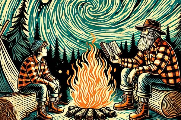 image in style of the wild gentlman of an older man sitting by the fire reading to a younger man