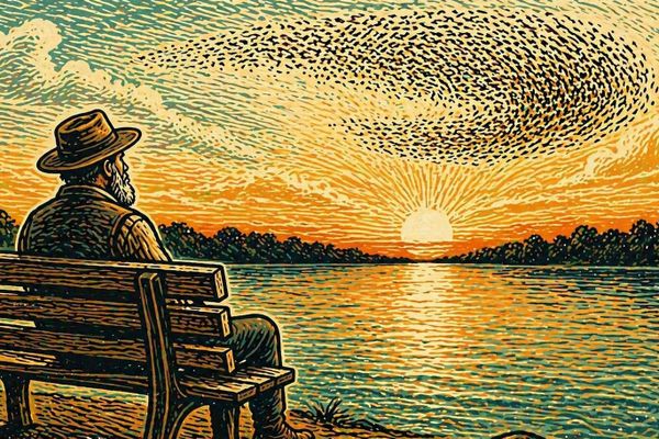 A man sits by a river watching the starlings at dusk via Theo of Golden