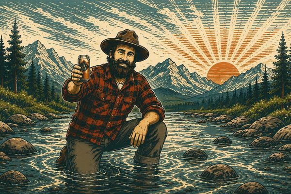 The Wild Gentleman Sharing Thanks in a stream at sunset in the mountains.