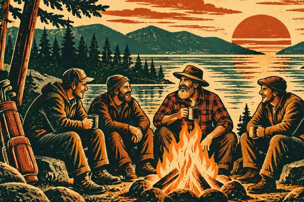 the wild gentleman and friends sharing a life outdoors by a fire artwork