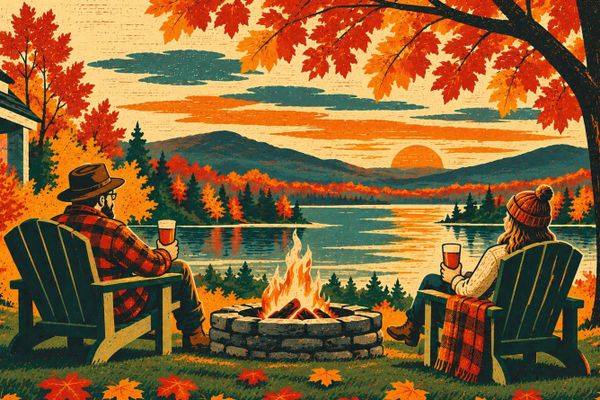 the wild gentleman and the wild gentlewoman enjoying life in the moment at hoem with a fall lake new england scene
