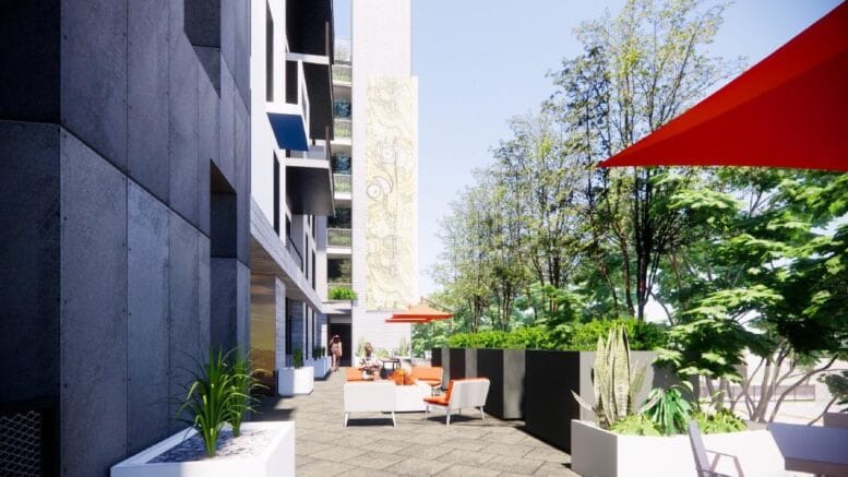 Exterior rendering of the seven-story Tessera apartment building on West Exposition Boulevard