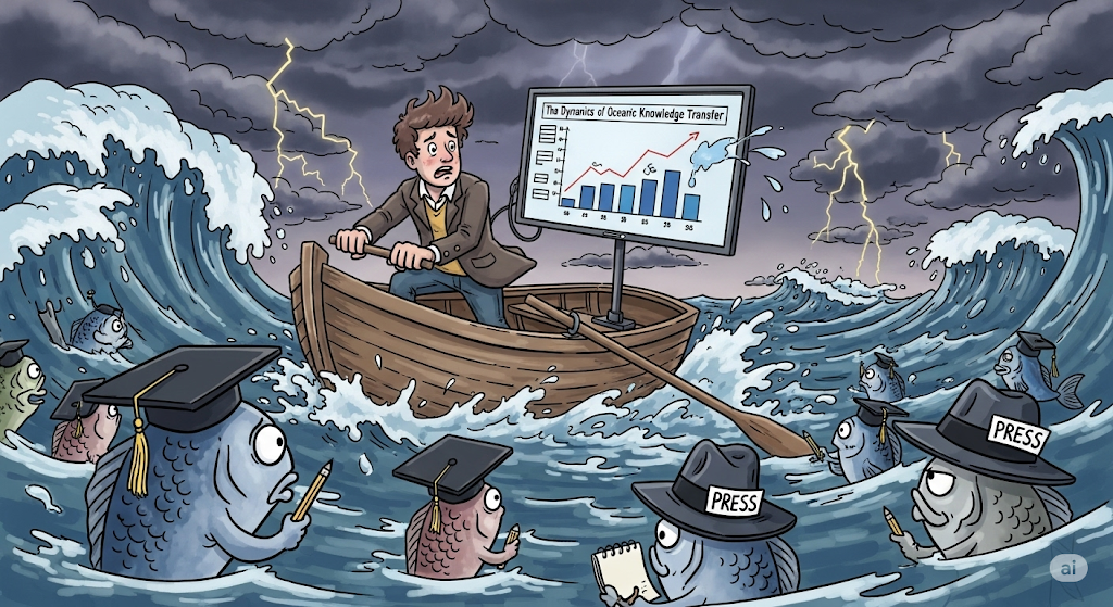 An academic trying to navigate stormy seas whilst the fish of industry look on.