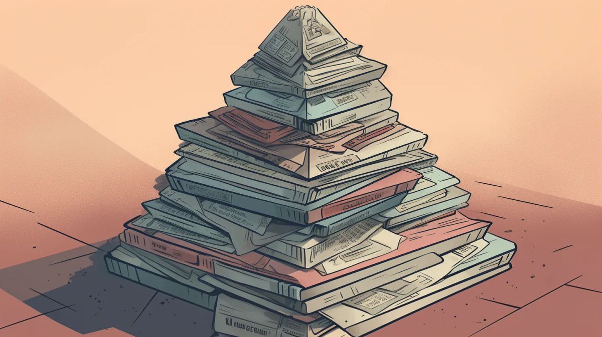 A pyramid made from newspapers.