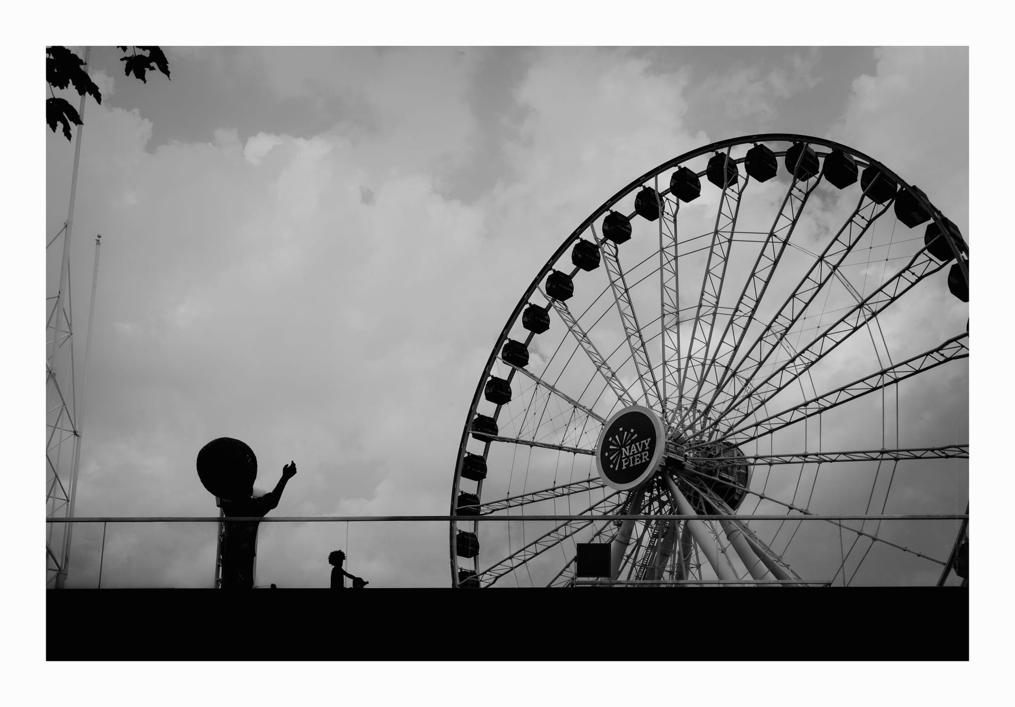 Navy Pier Ferris Wheel, Afro Hair, Kid Statue, Chicago, Black and White Fine Art Photo.