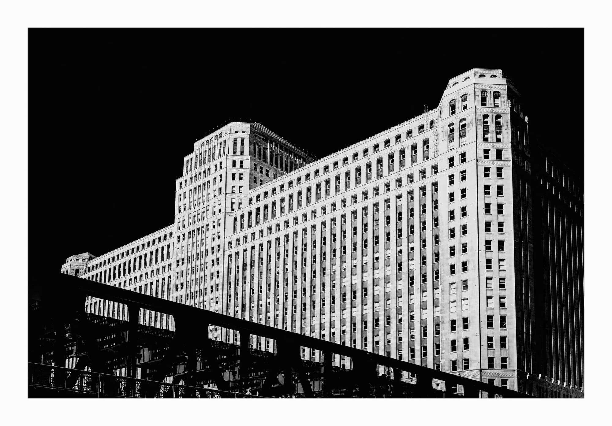 Merchandise Mart, Wells Bridge, Chicago. Hard tone, black and white, fine art photo.
