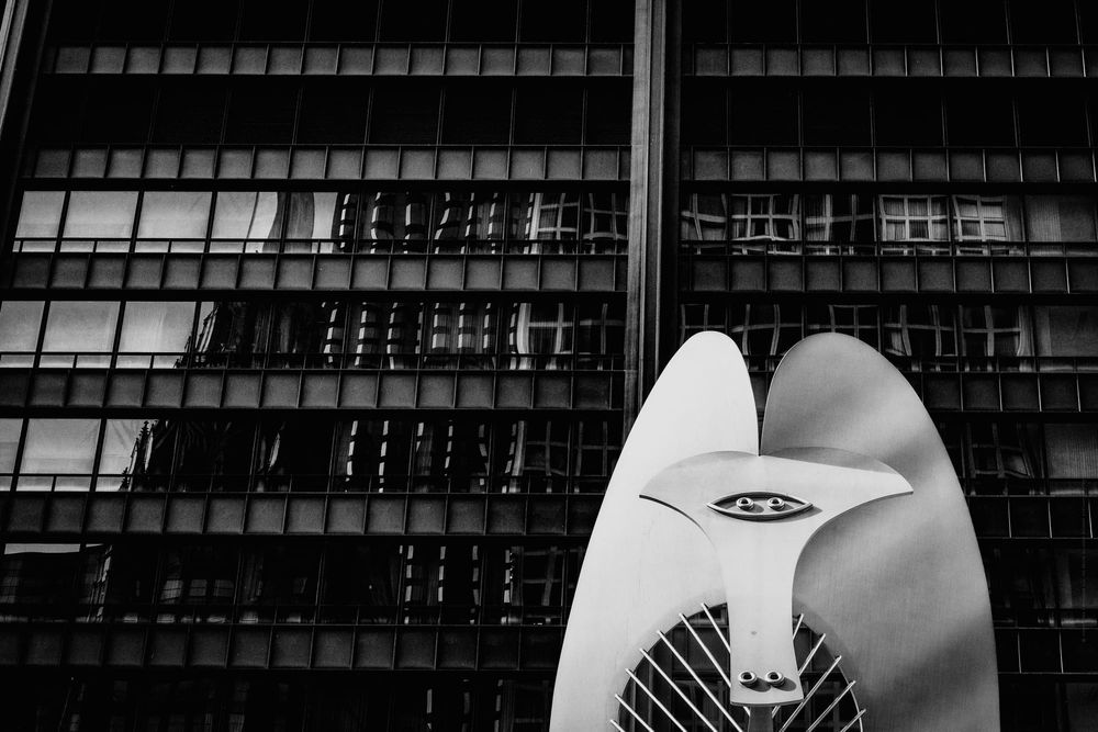 Chicago, Picasso, Monkey sculpture public art downtown Chicago, black and white fine art photo.