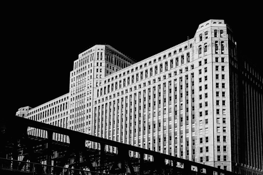 Merchandise Mart, Wells Bridge, Chicago. Hard tone, black and white, fine art photo.