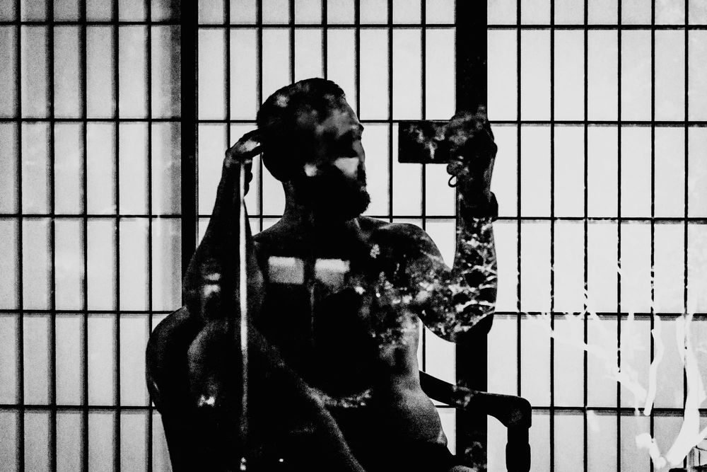 Artistic black and white photograph: muscular male silhouette in front of shoji doors, dramatic reflections, moody monochrome