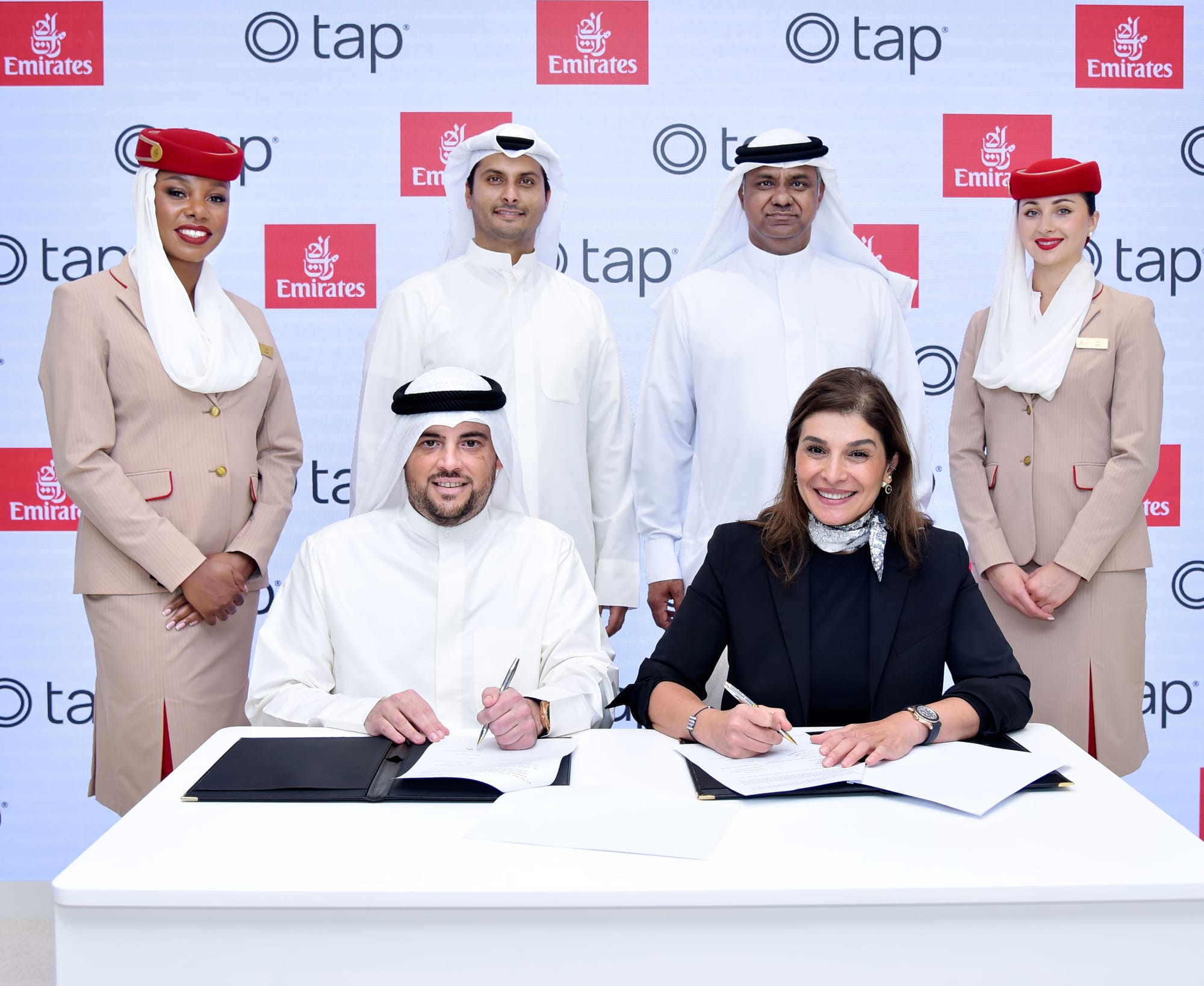 This MOU was signed by Anwar Marafi, Head of Value Added Services at Tap Payments & Dina Al Herais, Emirates' Vice President Commercial Products, Business and Leisure, Also present Ahmad Alwazzan, Managing Director of the UAE at Tap Payments, alongside&nbsp;Nabil Sultan, Executive Vice President Passenger Sales and Country Management at Emirates