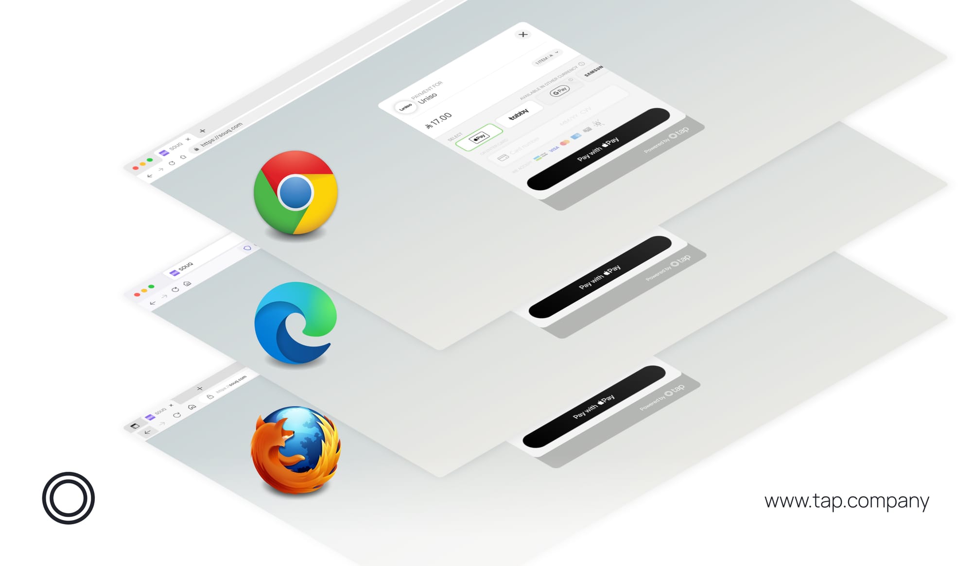 With Tap Payments Apple Pay, Now on Chrome, Edge, and Firefox.