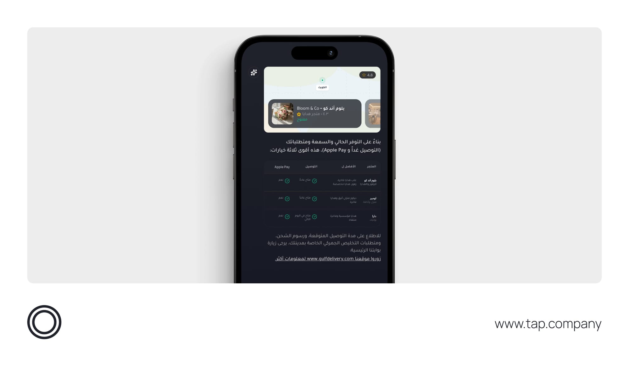 قائمة مقترحة بالذكاء الاصطناعي تقارن بين متاجر الهدايا في الكويت وفق السمعة، وخيارات التوصيل، وإمكانية الدفع عبر Apple Pay.