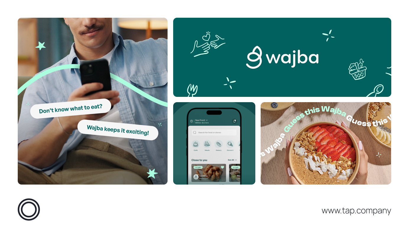 The Wajba logo beside its mobile checkout, where customers can pay for surplus food using local and global payment methods supported by Tap Payments.