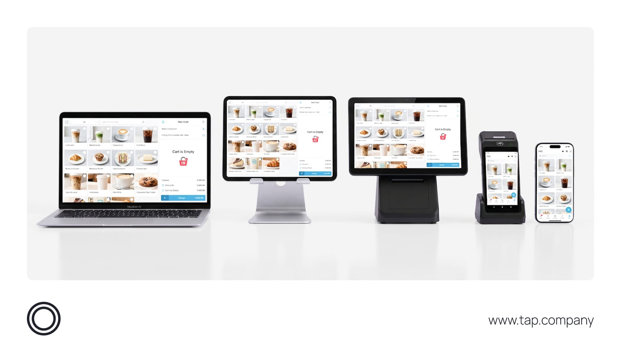 ordable/ POS system showing food ordering interfaces across a laptop, touchscreen terminals, handheld POS device and smartphone.