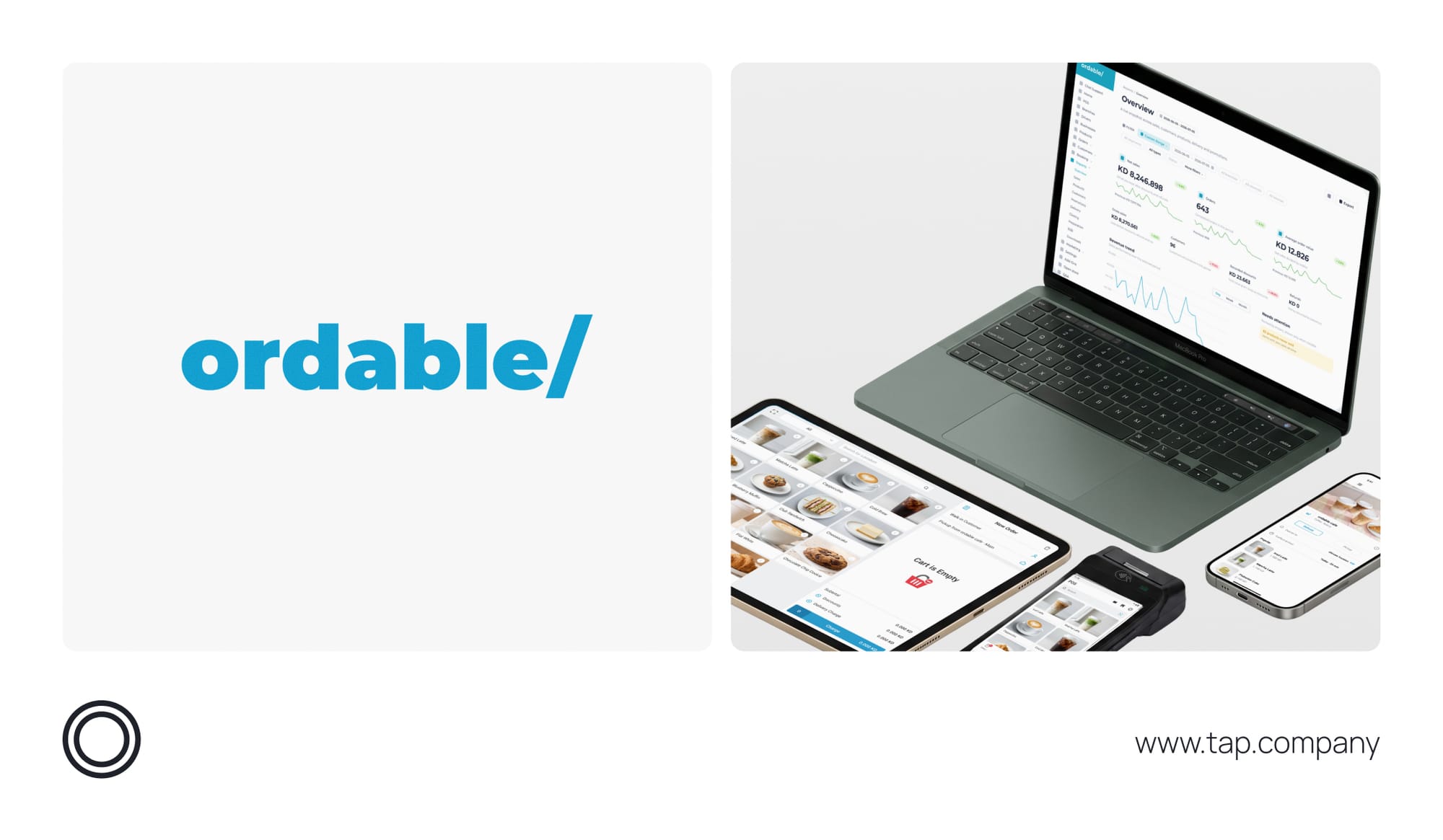 ordable/ logo alongside its POS system, online ordering interfaces and business management dashboard displayed across multiple devices.