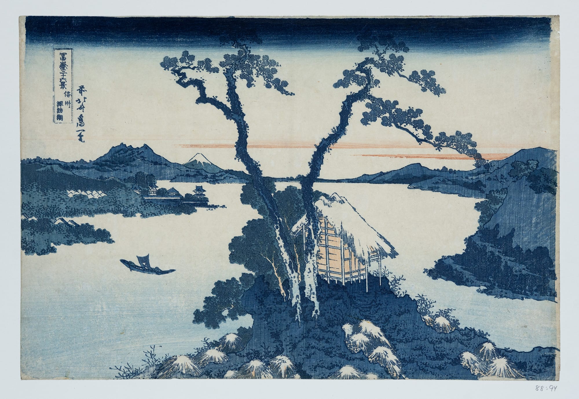 Katsushika Hokusai, Lake Suwa in Shinano Province (Shinshū Suwa-ko). Part of the series Thirty-Six Views of Mount Fuji (Fugaku sanjūrokkei), 1829-1833