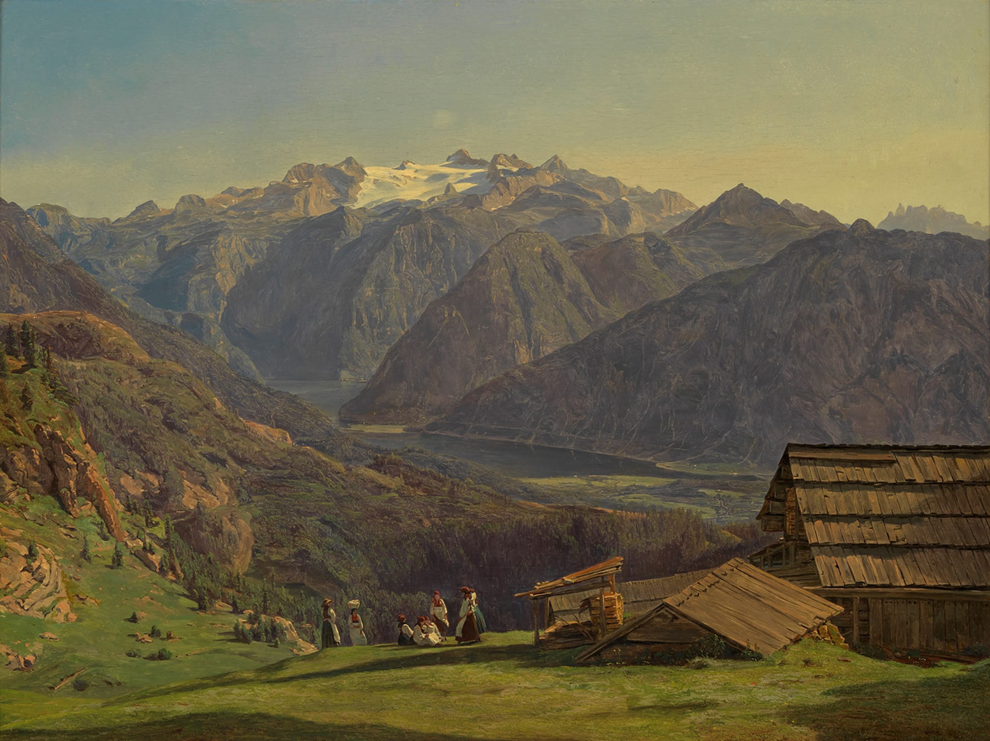 Ferdinand Georg Waldmüller, View of the Dachstein with Lake Hallstättersee seen from the Hütteneckalpe near Ischl, 1838