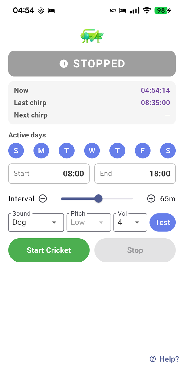 The ADHD Cricket home screen on Android