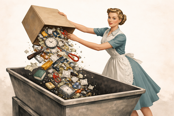 Prim and proper 1950s housewife throwing all her clutter into a large hopper