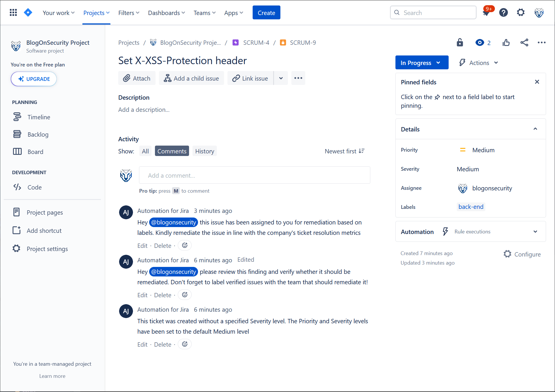 Jira security issue assignment example
