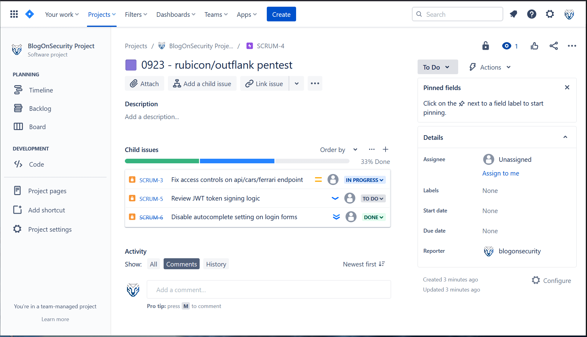 Jira security epic example