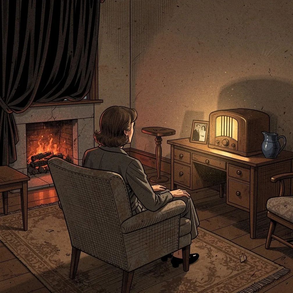 A woman sits alone in a Birmingham living room, listening to the BBC announce the armistice, 30 January 1941
