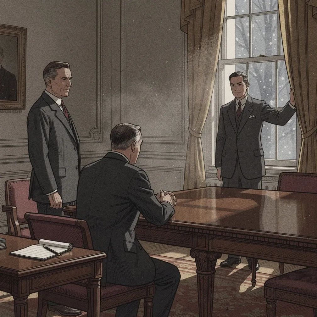 A White House meeting room, December 1919 — three figures in dark suits, seen from behind, gathered around a mahogany table in heavy winter light