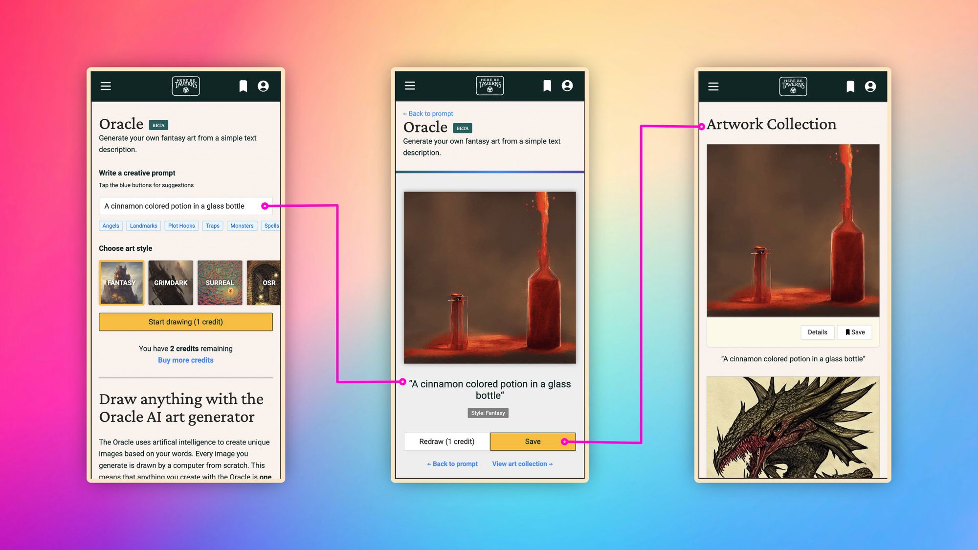 Fantasy AI art generator instructions: Type a prompt. Generate your original art. Save to collection.