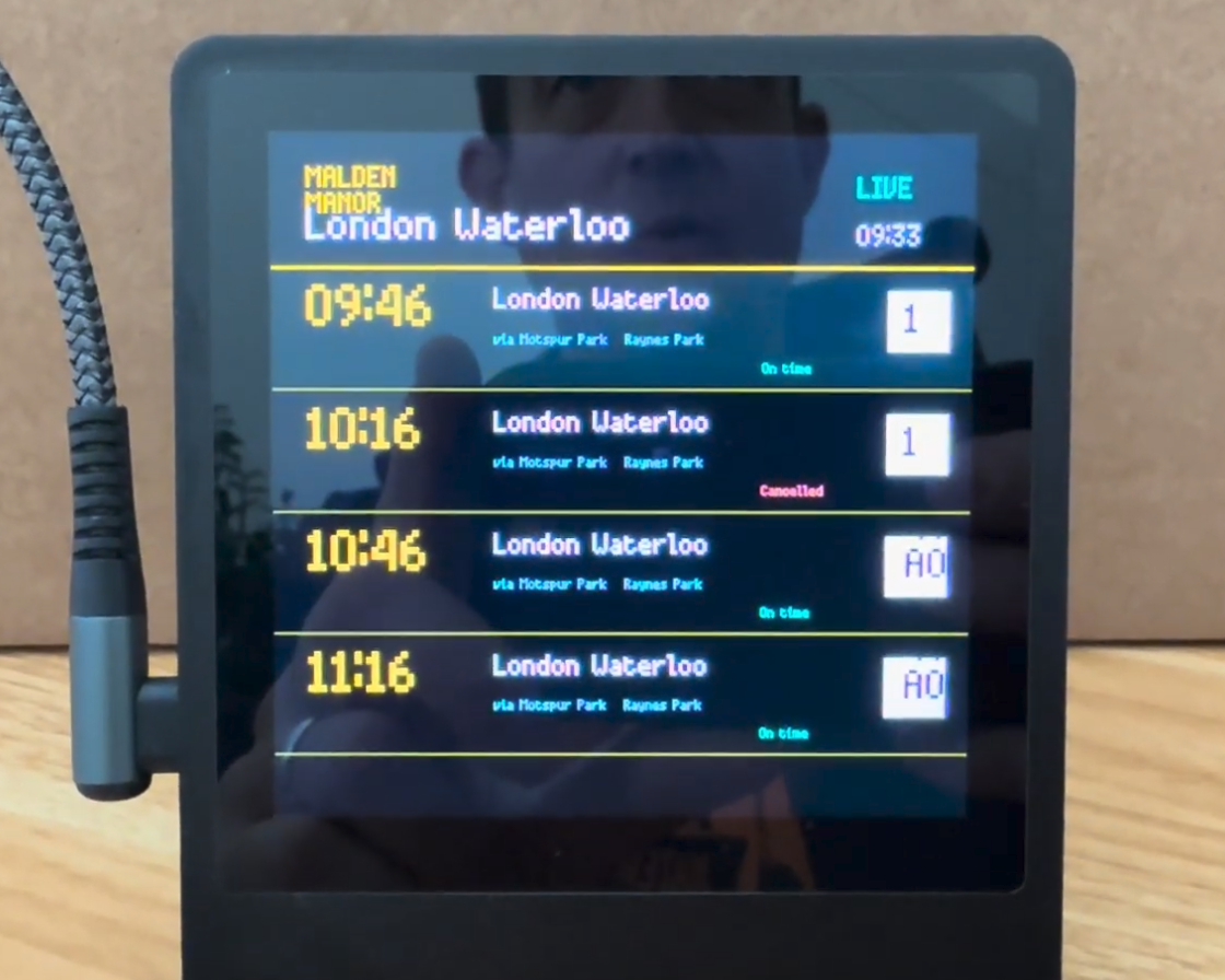 Robin Cole's Presto-powered train departure board. Image Credit: Robin Cole