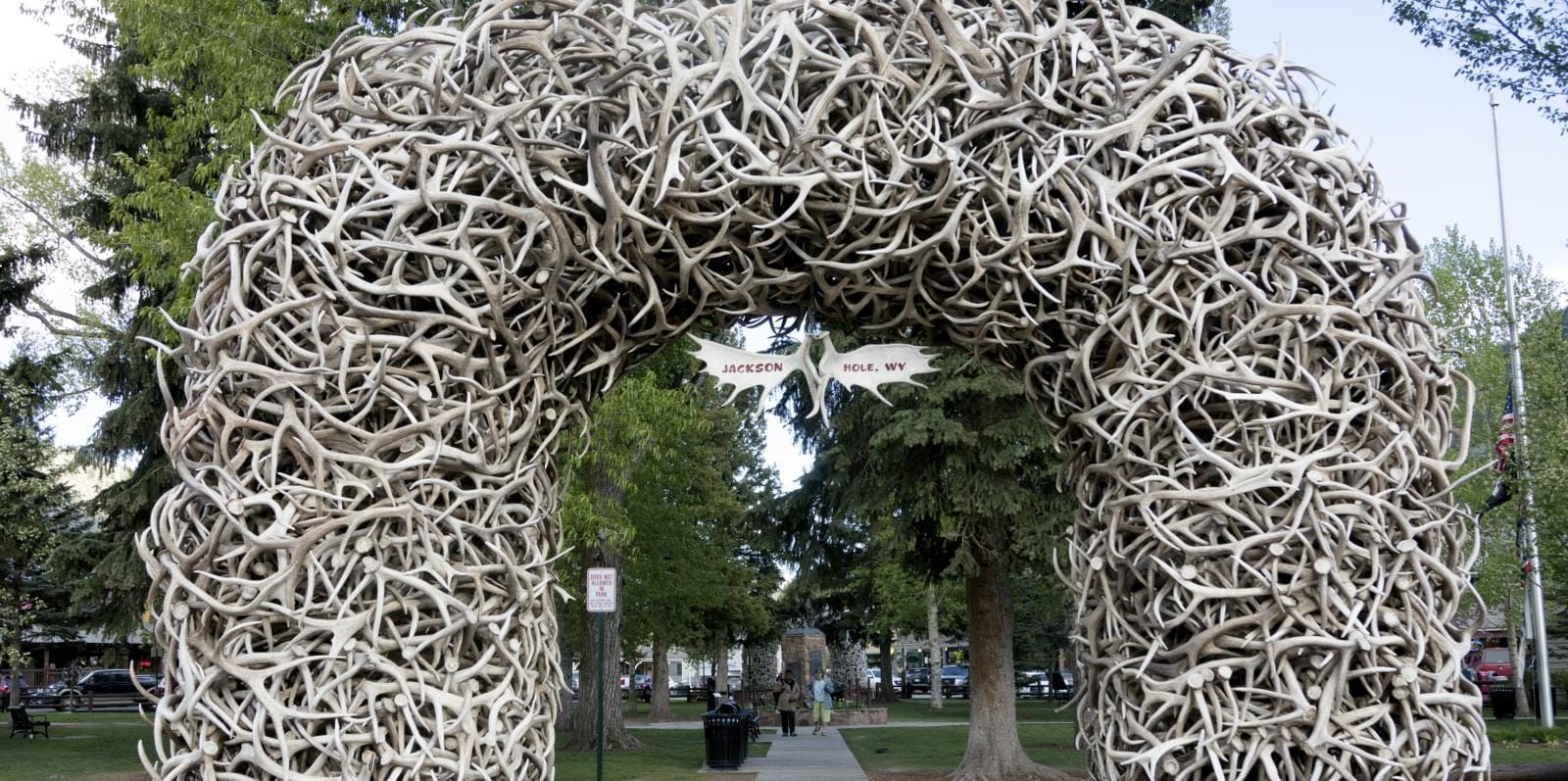 One of the elk antler arches on the town square in Jackson, Wyoming, in late spring