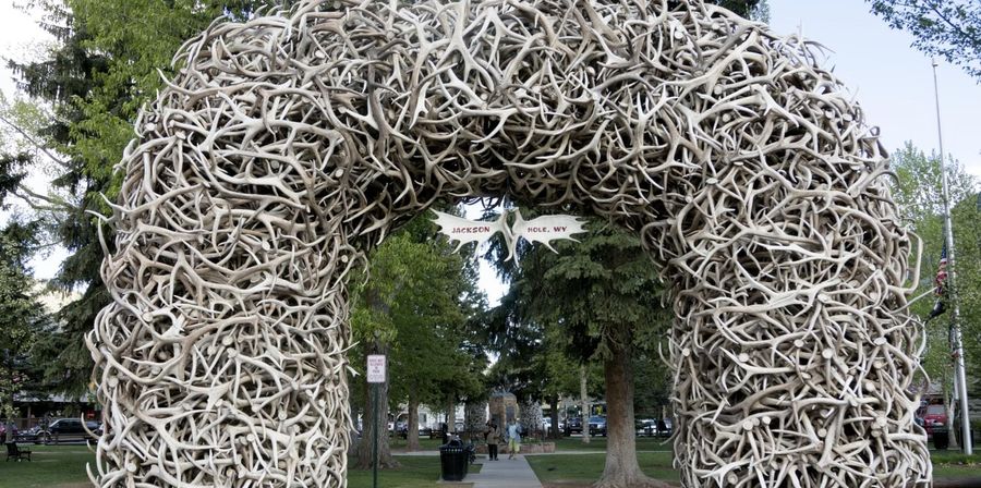 One of the elk antler arches on the town square in Jackson, Wyoming, in late spring