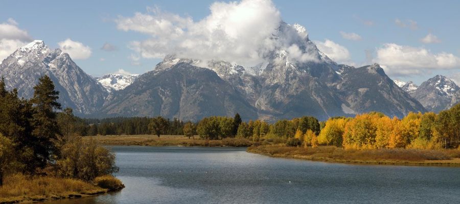 The Teton Range rising over a bend in the Snake River with autumn cottonwoods along the bank, Grand Teton National Park