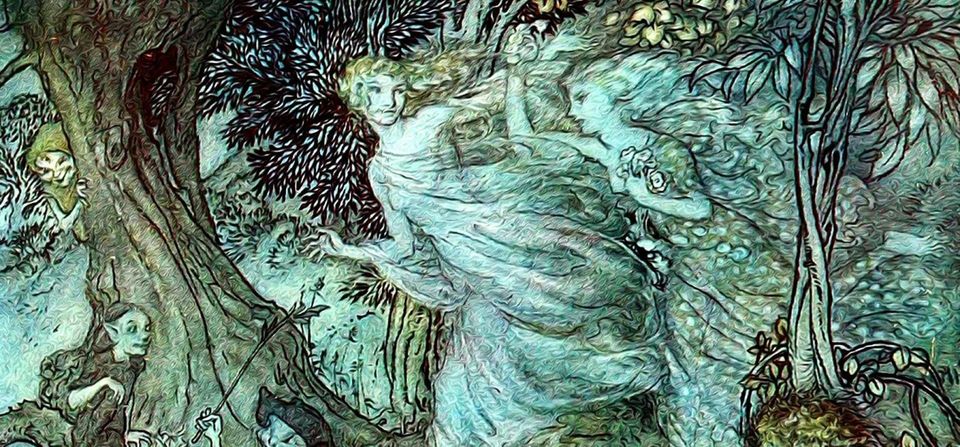 Vintage style illustration in blues and greens showing fairies in a forest