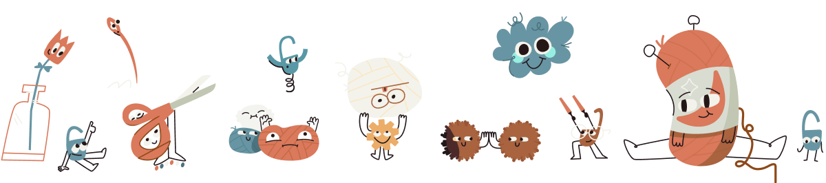 Fiber icons from Ravelry's new login page art: yarn balls, scissors, wool wash, and stitch markers with happy faces.