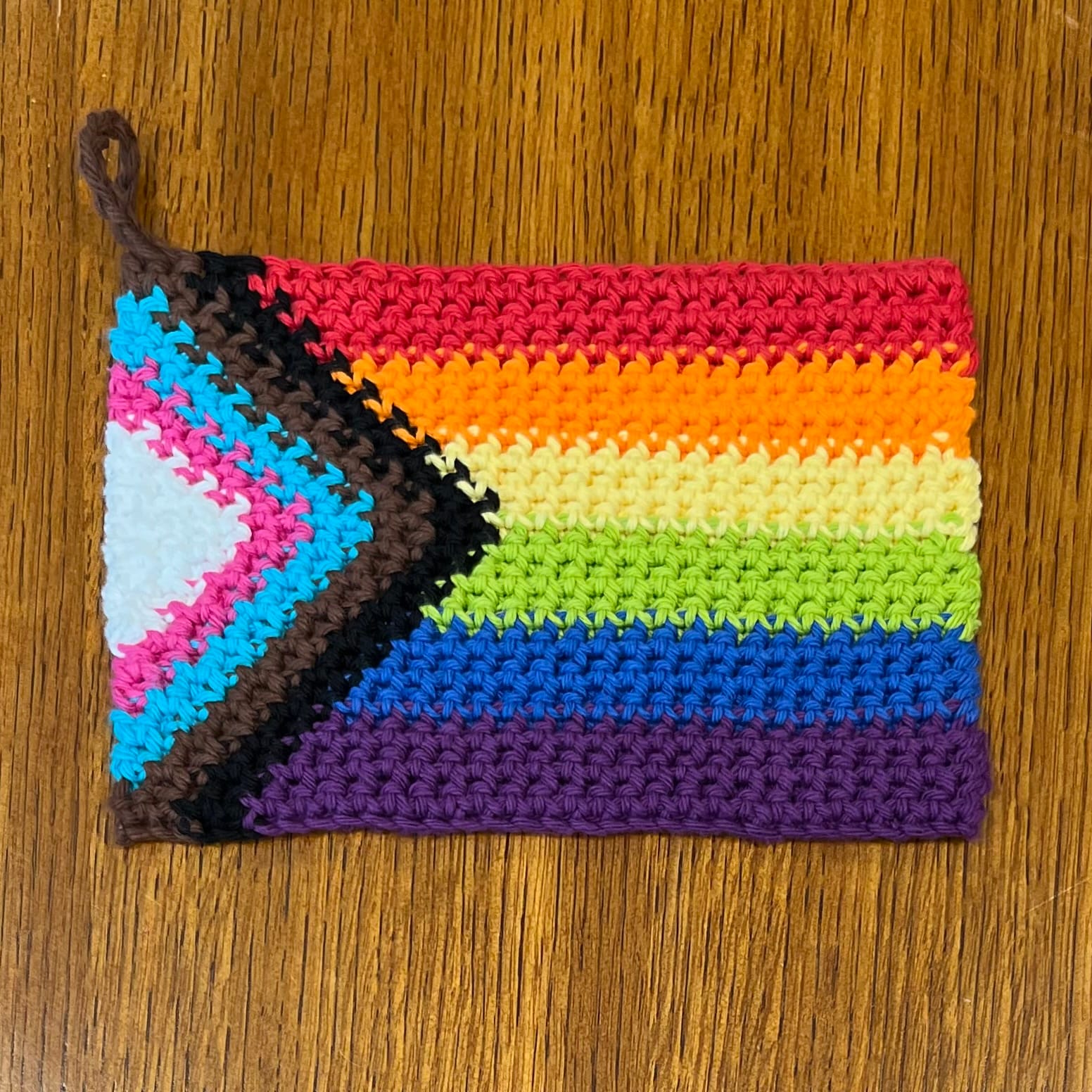 Progress Pride hot pad crocheted by Raveler KineticLifesaver
