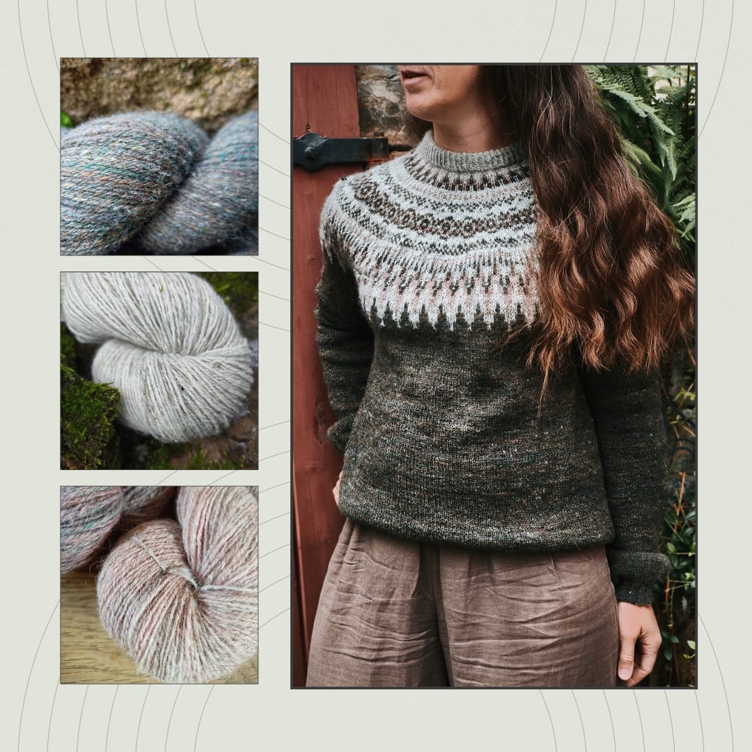Crafter modeling a handknit colorwork sweater with three skeins of the handspun yarn used in the project.