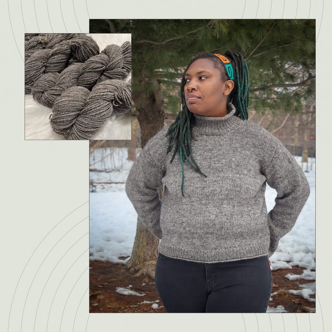 Crafter wearing a finished handknit sweater paired with the handspun yarn used in the project.