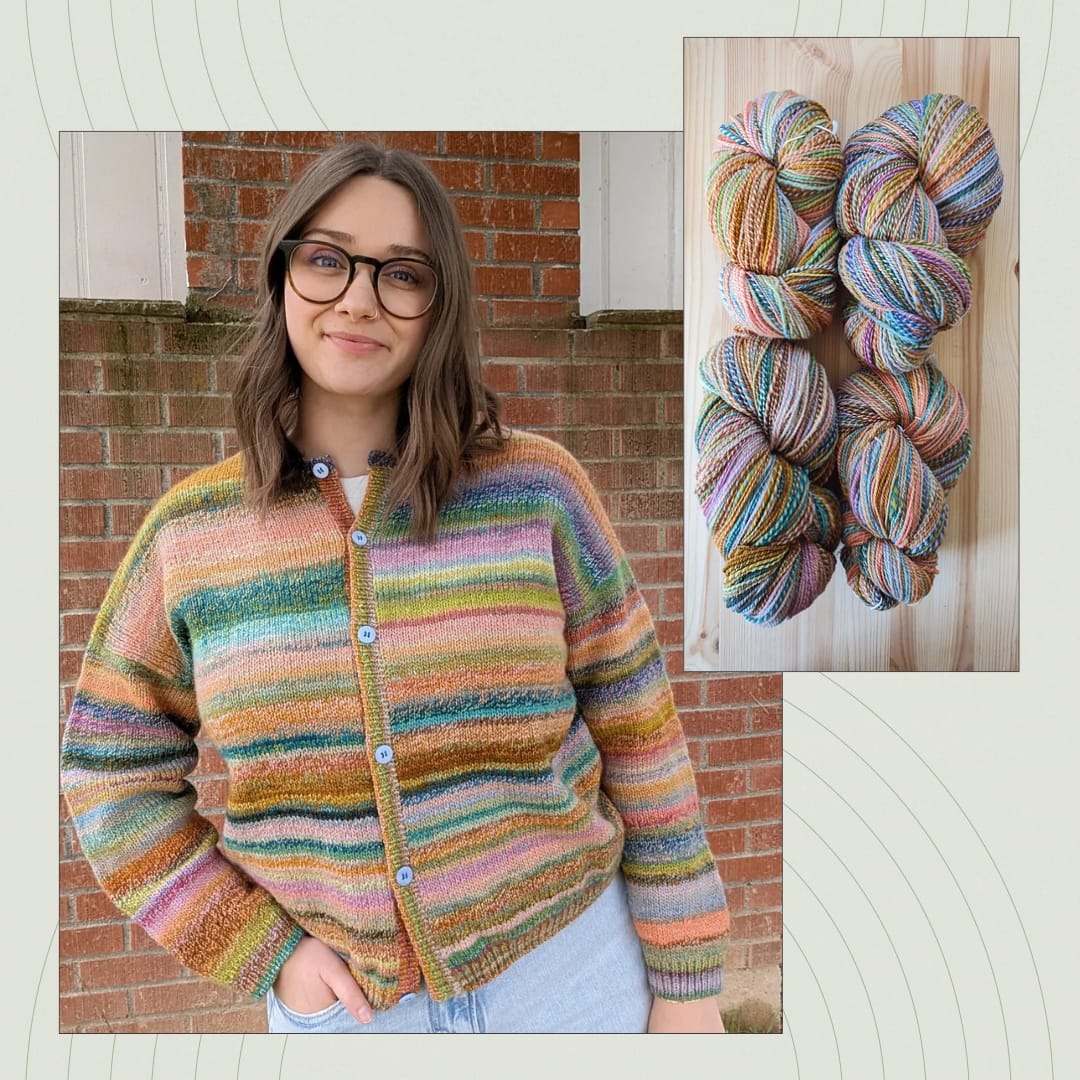 Knitter wearing a handknit striped cardigan beside a photo of the handspun yarn it was made from.