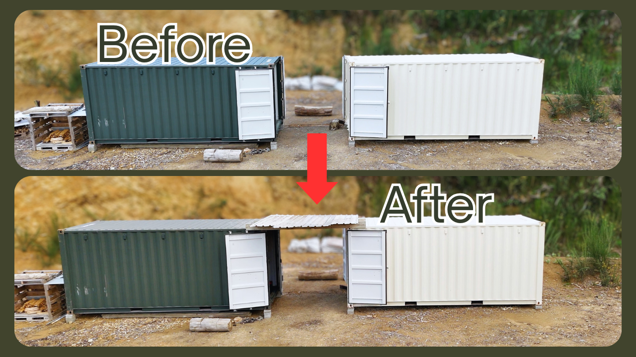 Two containers with a roof on regenerating ex-forestry land in NZ