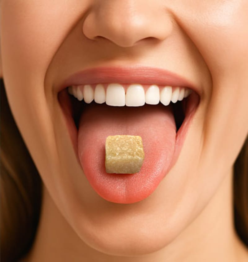 Woman chewing Larineco gum to prevent cavity and tooth decay