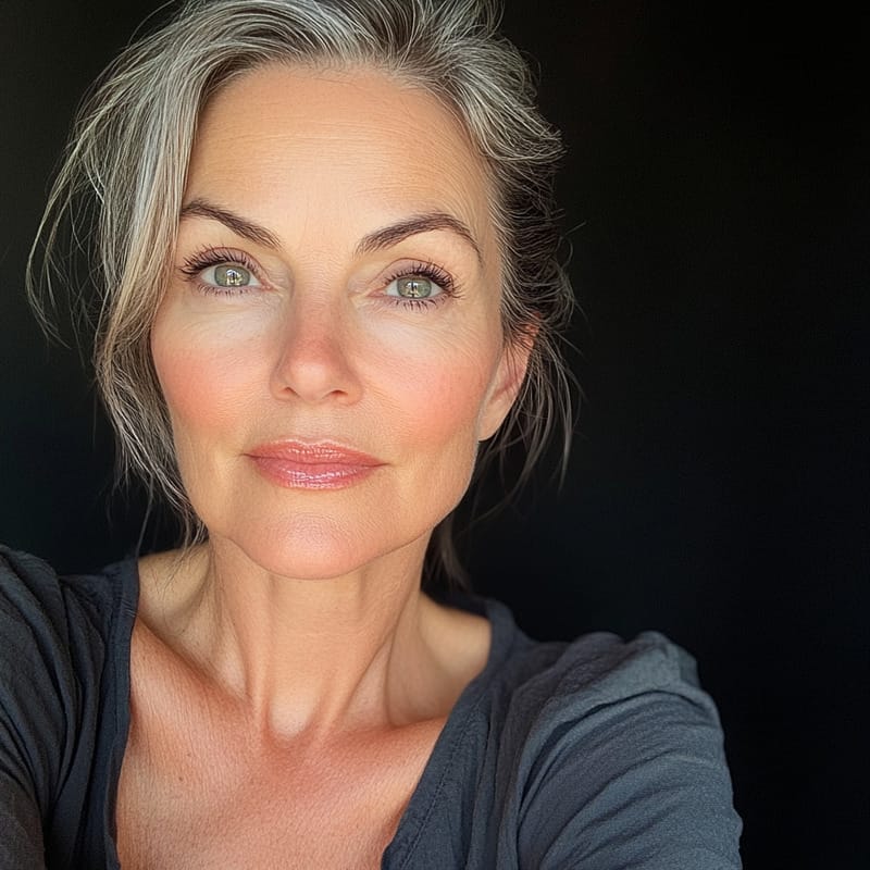Mujer con piel suave después de usar el cuidado de la piel Unity Eye Serum
