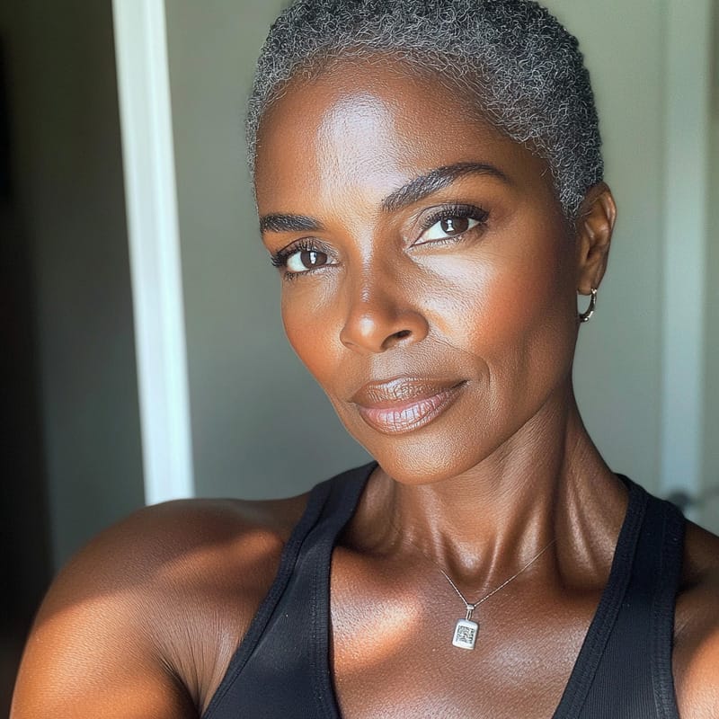 Mujer con piel suave después de usar el cuidado de la piel Unity Eye Serum