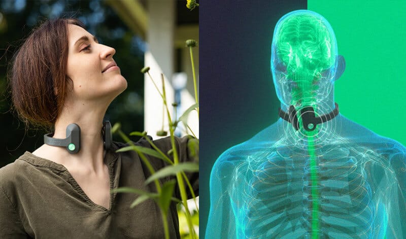 Woman stimulating her vagus nerve with Pulsetto for panic attack, therapy for anxiety and depression