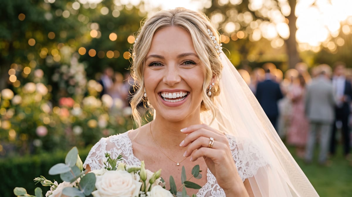 bride with perfect wedding smile snap-on veneers before wedding day