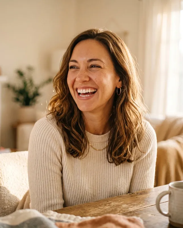 Woman smiling confidently with natural-looking snap-on veneers in warm lifestyle setting
