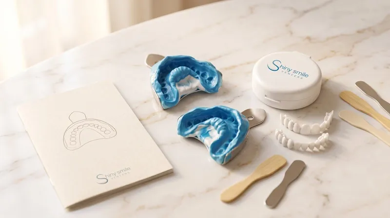 Shiny Smile Veneers impression kit laid out showing trays, putty, and instructions