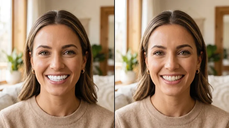 Shiny Smile Veneers shade comparison — natural shade vs too-white shade side by side