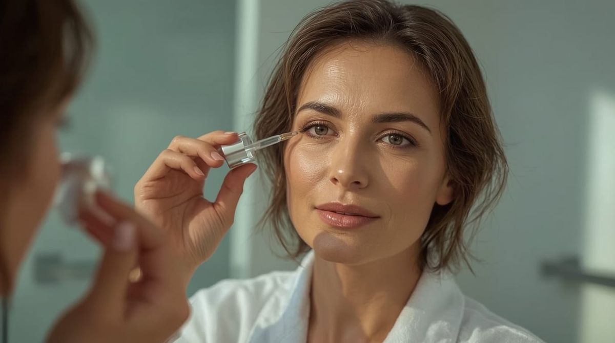 Mujer mayor usando el cuidado de la piel Unity Eye Serum