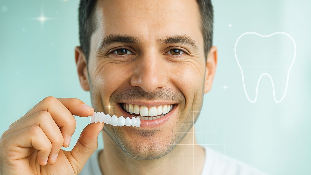 Smiling man holding a set of snap-on veneers in front of his teeth, showing a bright, confident smile against a clean turquoise background.