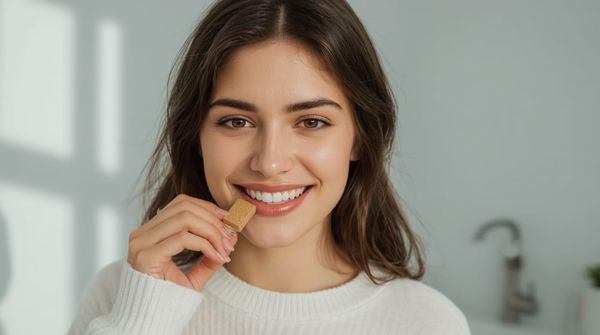 Happy woman using Larineco gum to prevent cavity and tooth decay